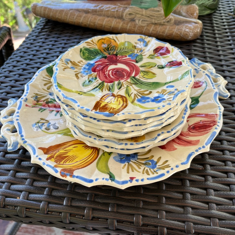 Painted Italian majolica nova rose 13” platter and 6”plates